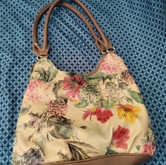 Koltov - 3 Pocket tan purse with brown trim and neutral tone colored flowers. - Picture 9 of 10